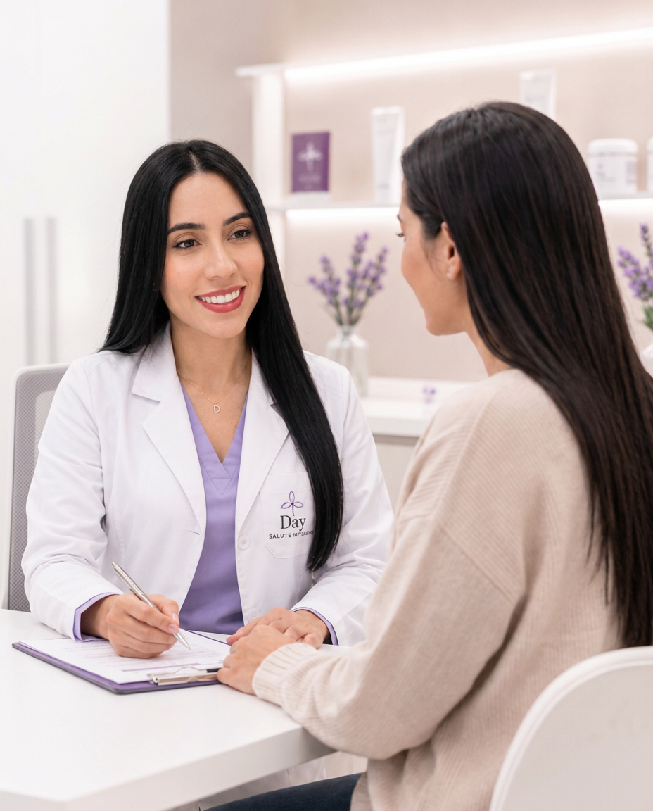 Profesional de Day conversando con una paciente durante la consulta dermatológica
