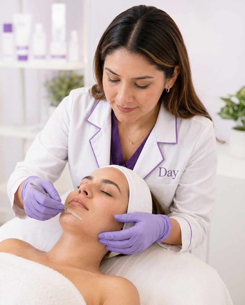 Exfoliación suave de la mejilla con un bisturí de dermaplaning