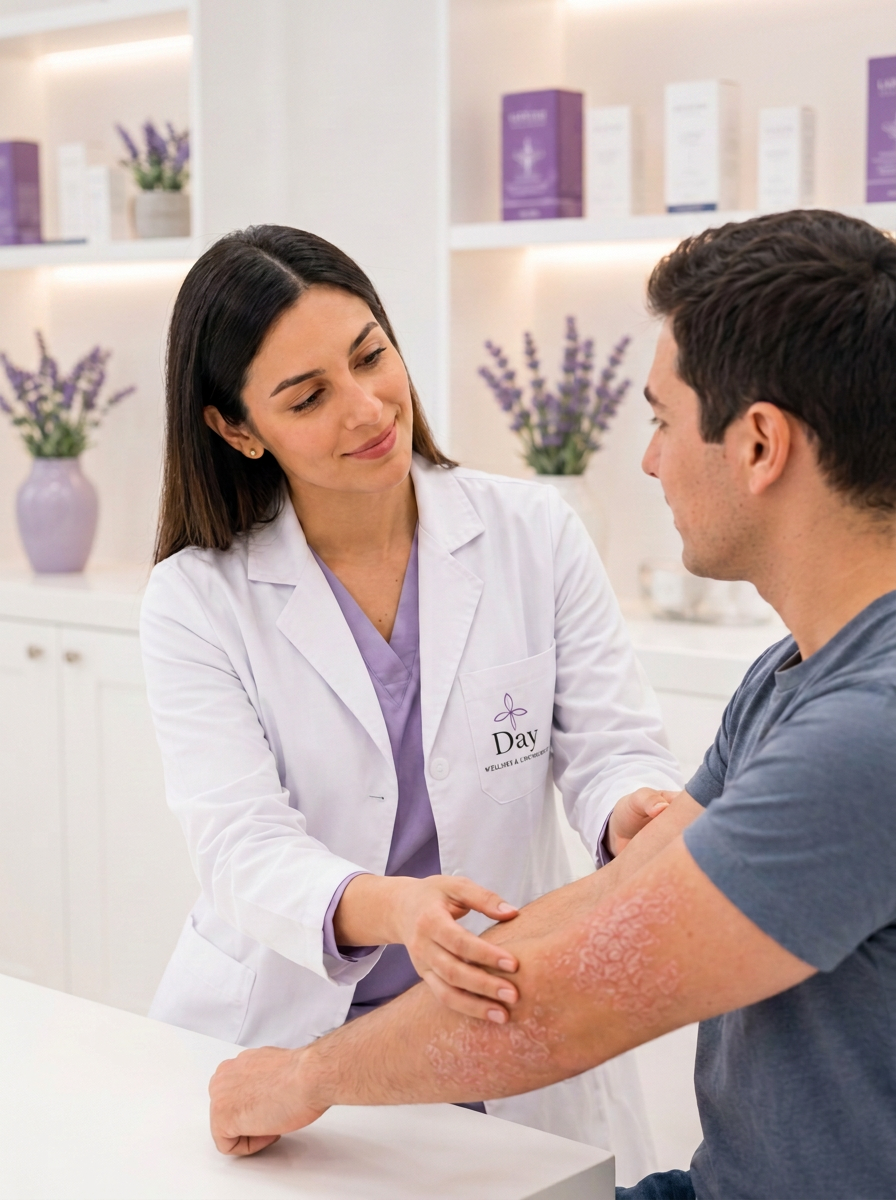 Dermatóloga examinando una lesión en el brazo de un paciente con un dermatoscopio