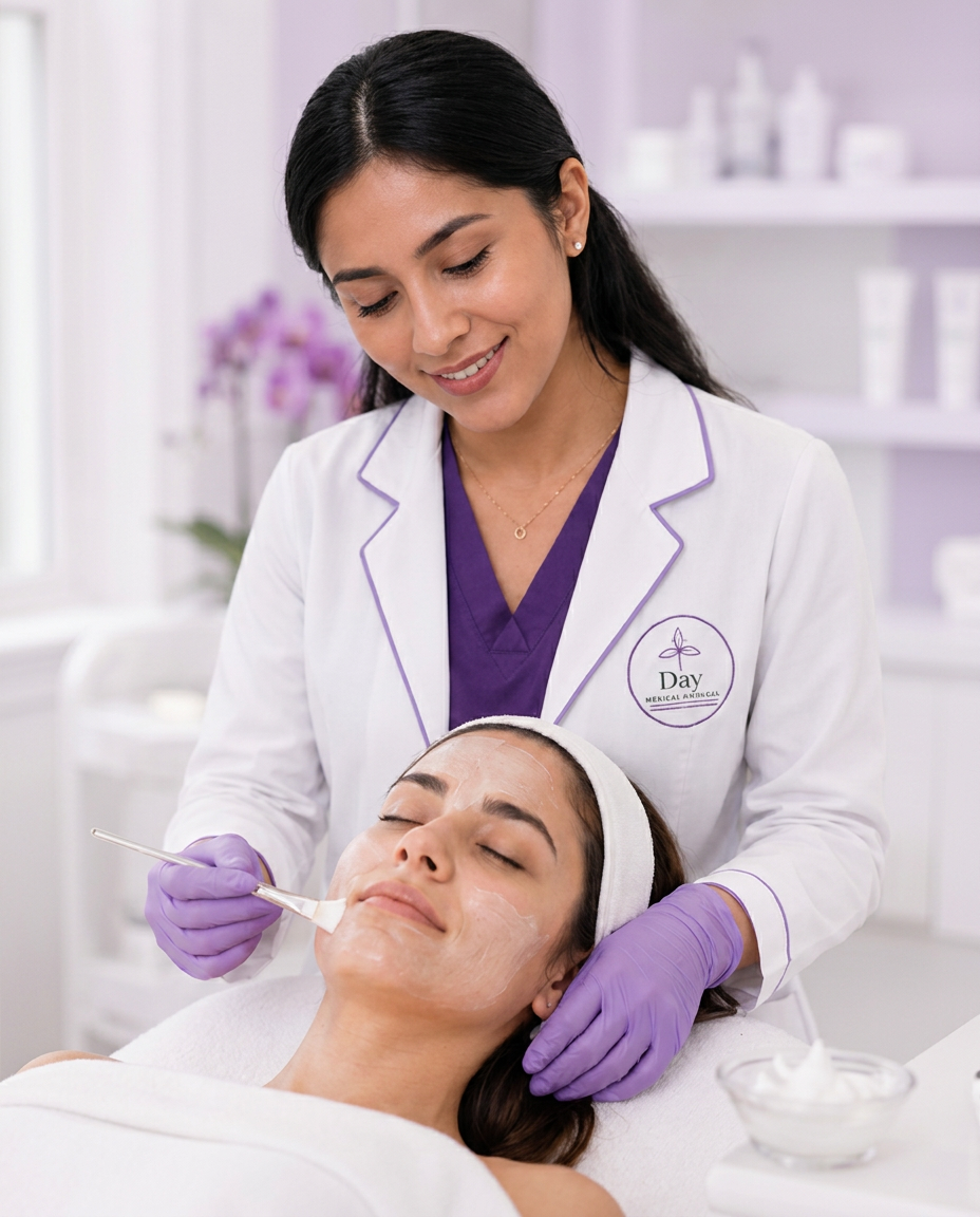 Aplicación de peeling con pincel en la frente