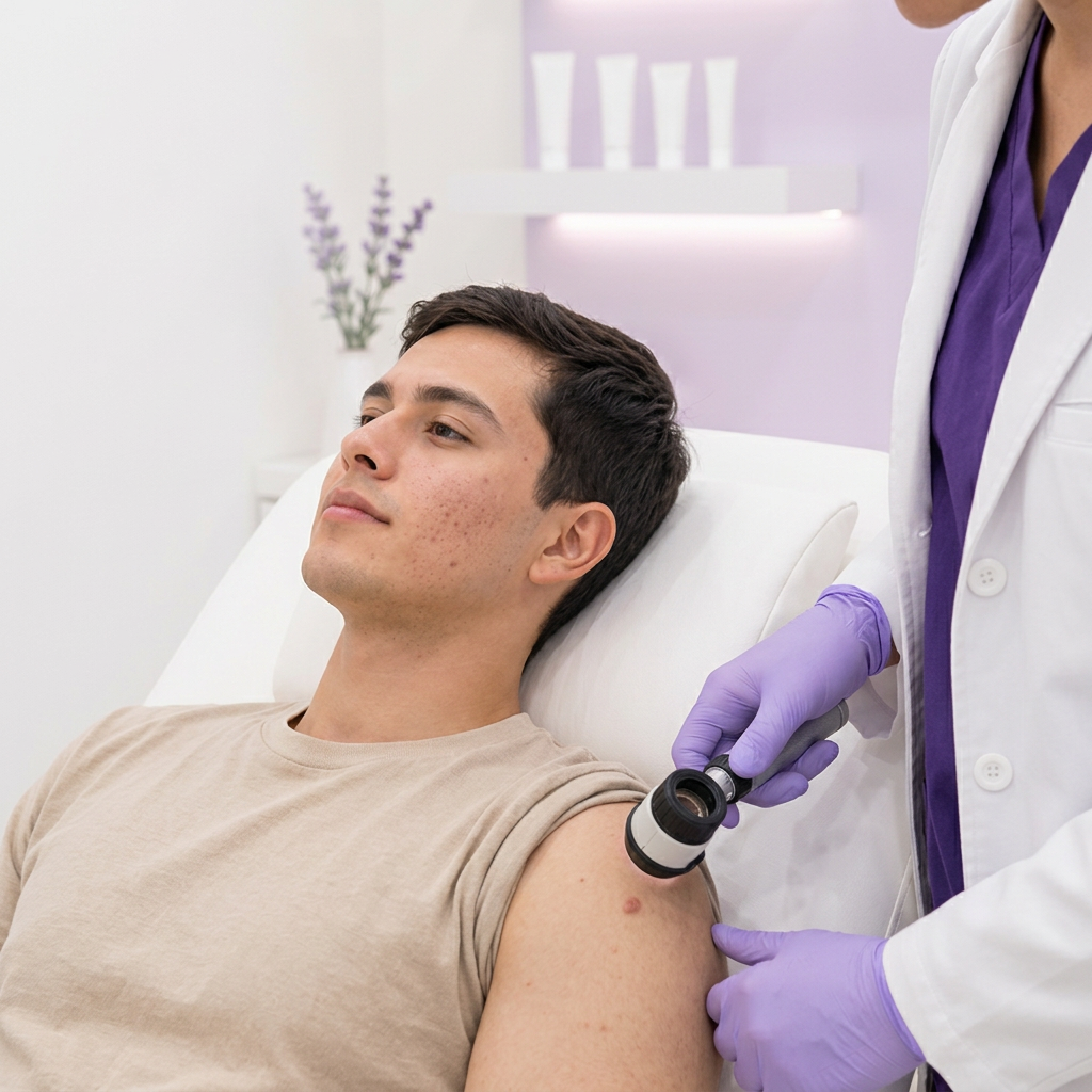 Examen de una lesión en el brazo con dermatoscopio